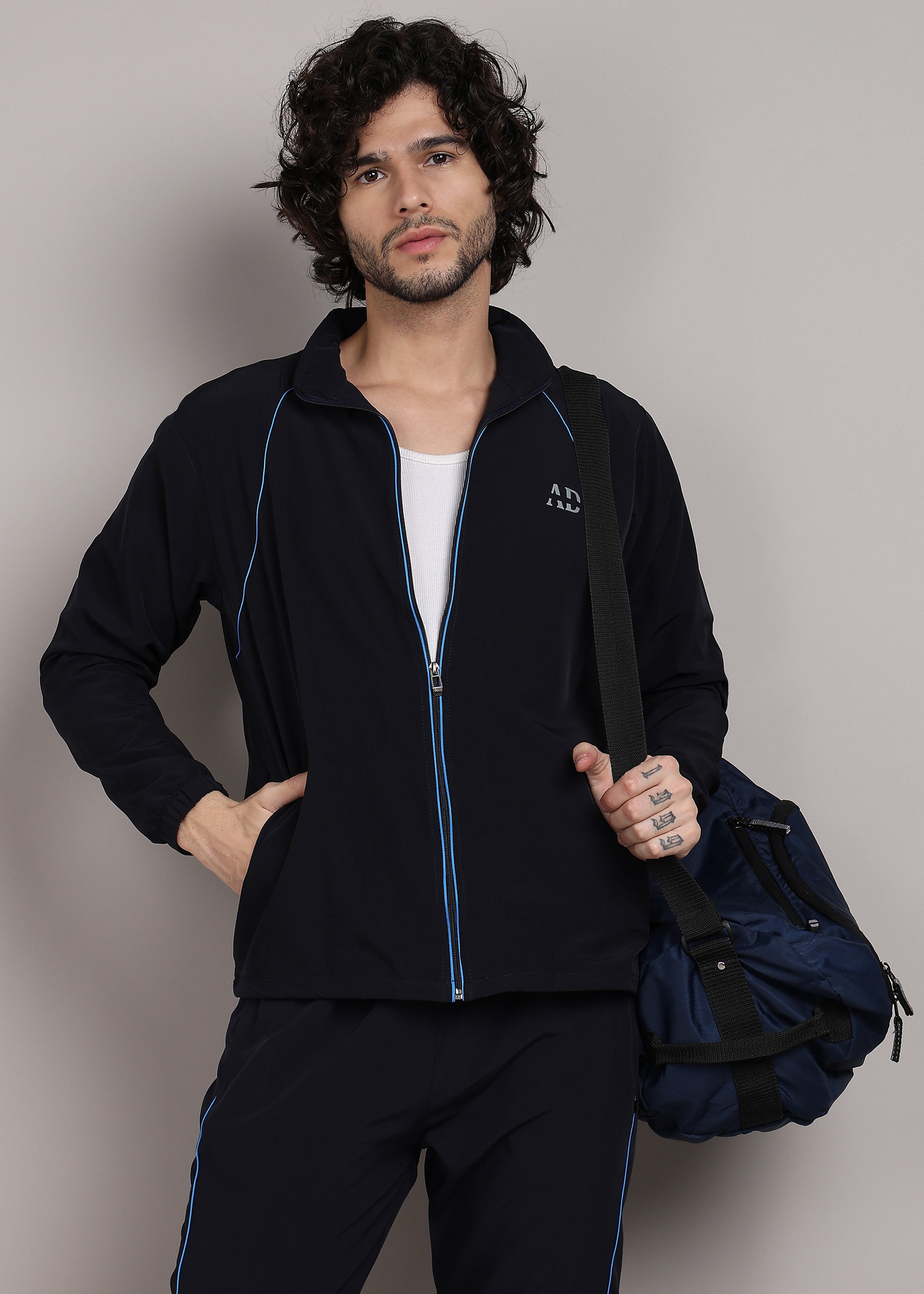 ADFitwear Men's Navy Blue Lycra Tracksuit – Gym & Sports Set